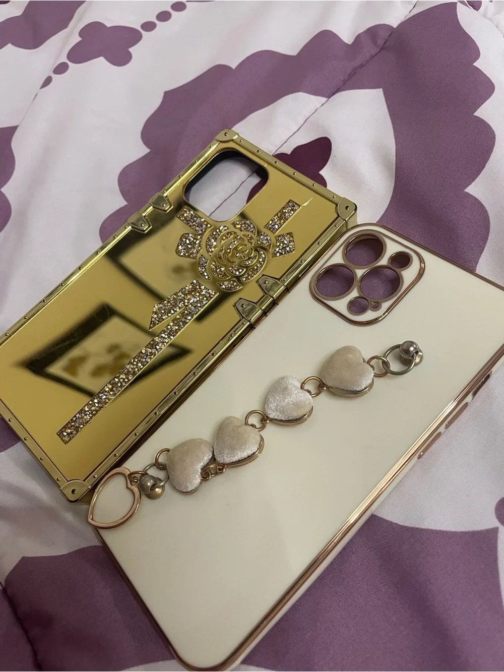 Gold Mirrored Crystal Phone Case & White Heart Bracelet Accent😆